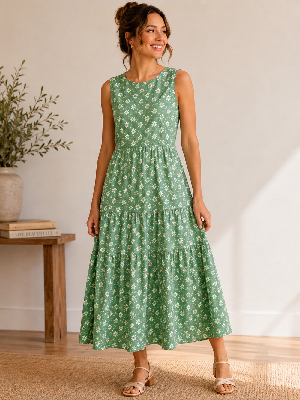April Cornell Green Floral Tiered Midi Dress XXS | Cottagecore Sleeveless Dress